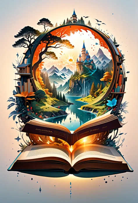 hyperreal digital art style, "fairytale", fantasy world coming out of centered book, open book, hyperdetailed double exposure fa...