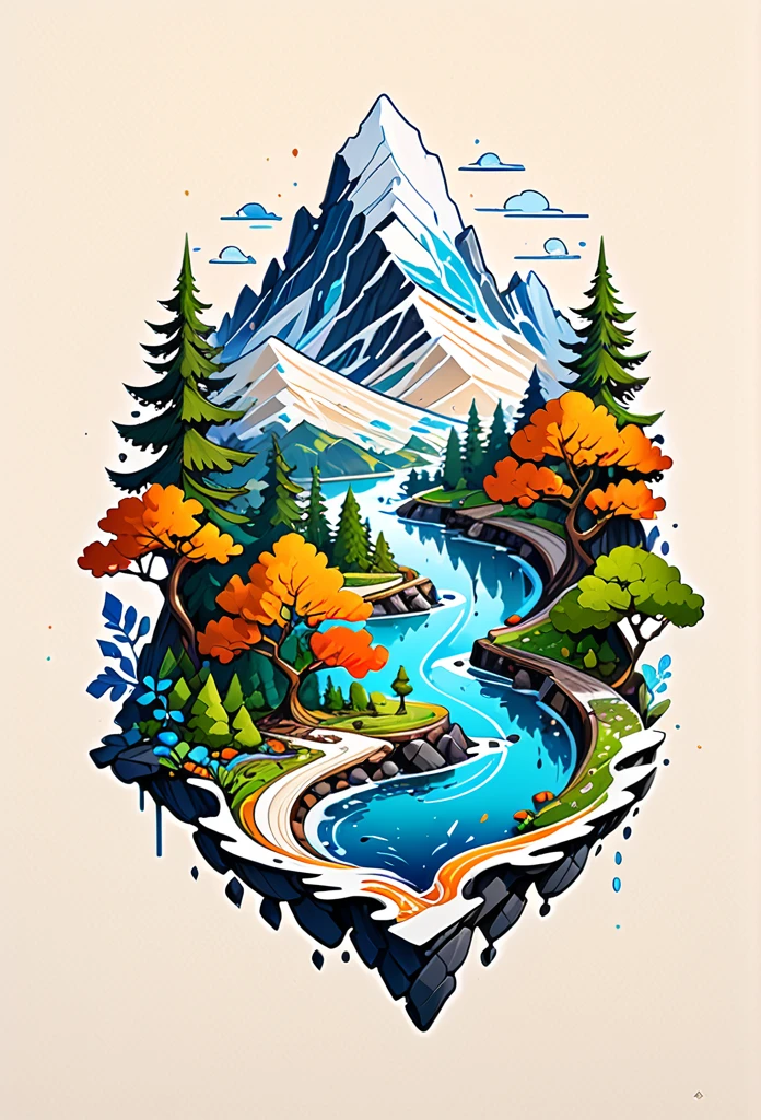 impressive painting of a mountain with trees and water, a detailed painting by Petros Afshar, shutterstock contest winner, environmental art, detailed painting, outlined art, 2d game art, isolated background for logo, strong contours, logo design