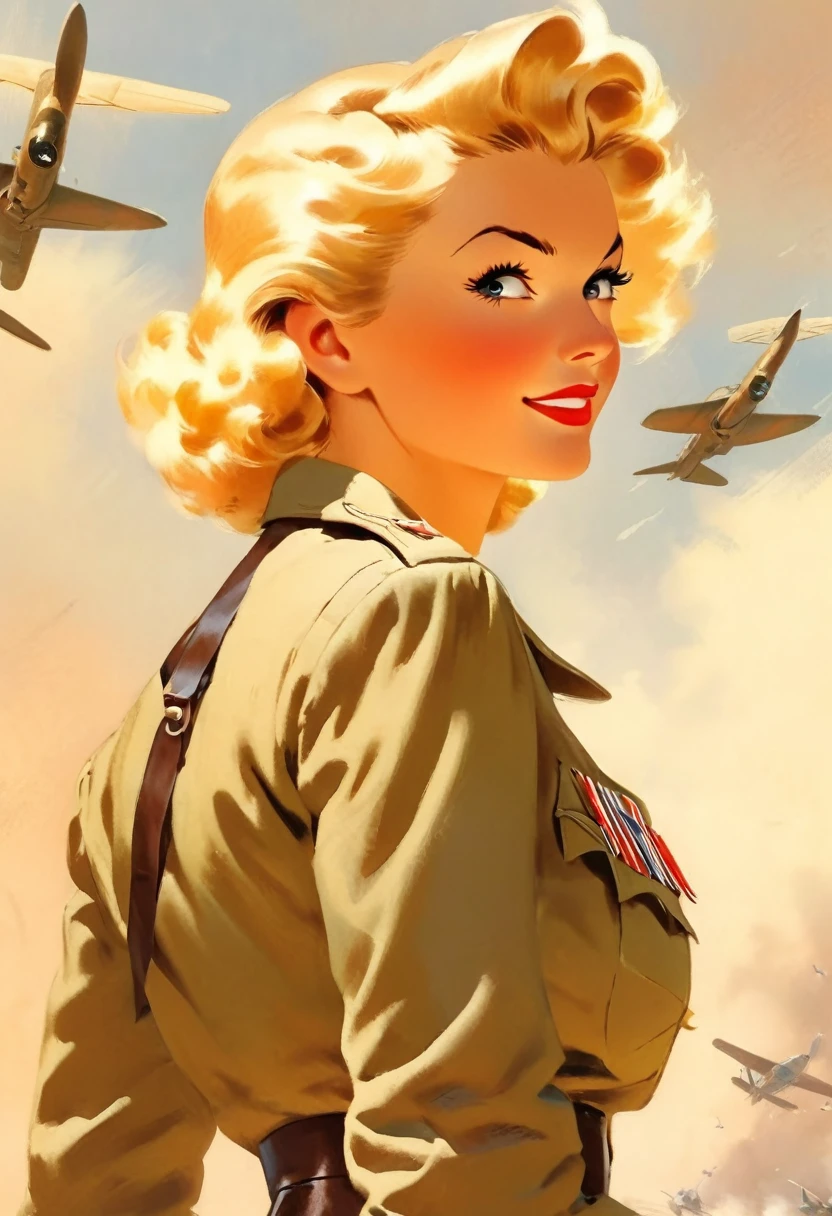 Female Fighter Pilot,  blonde,  Second World War,  Waist Back View,  Baby Face，Very short stature，Flat Chest，Thin thighs，I&#39;m resting my hips,  art：J.c. Leyendecker . Anime Style,  Key Visual,  Vibrant,  Studio Anime,  Very detailed