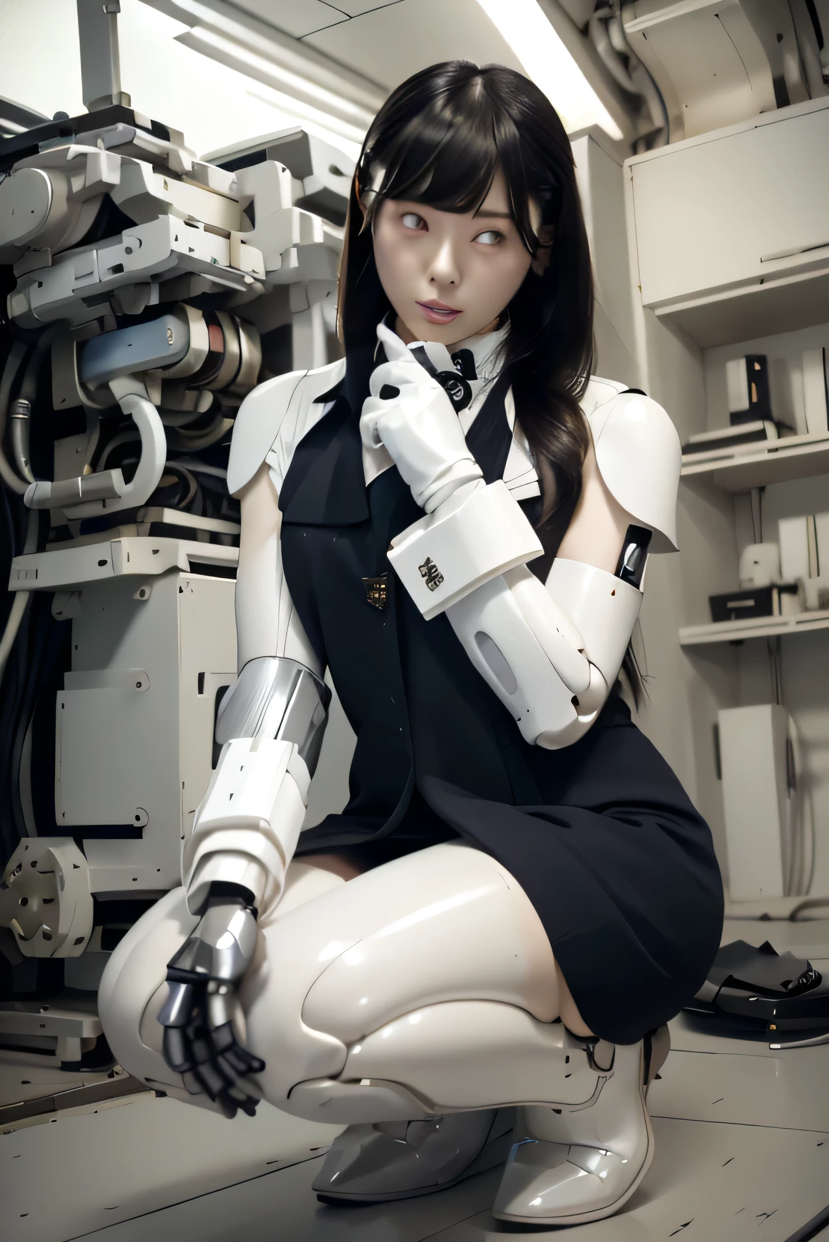 masterpiece, best quality, extremely detailed, Japaese Cyborg Girl,Plump , White boots,control panels,android,Droid,Mechanical Hand, ,clothes with a sense of mechanical technology, Robot arms and legs, Black Robot Parts,Black hair,Mechanical body,dress shirt,long vest,Blunt bangs,White abdomen,White robotics parts,perfect robot woman,future laboratory,cyber pank,charging spot,laboratory,long tube,thick cable connected her neck,kneel on the floor,bowing,ceramic body ,mechanical body,blue eyes,android,robot humanoid,office-lady,white eyes