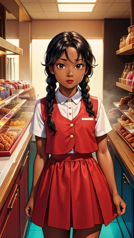 (1girl: child, African American, Penny Proud), (extremely detailed CG unit 8k wallpaper),(master part), (best quality), (ultra detail), (best illustration),(candyland), cowboy shot, (Sharp eyeliner, ombre, detailed eyes:1), at the front of candy display, indoor, full background, break , (Tsukasa-Hojo-Style), upper body, score_9, score_8_up, score_7_up, score_6_up, score_5_up, score_4_up, 1girl, , cute, 1girl, red skirt, black hair, black eyes, mole under eye. twin braids, dark skin, red lipstick, white shirt, red vest