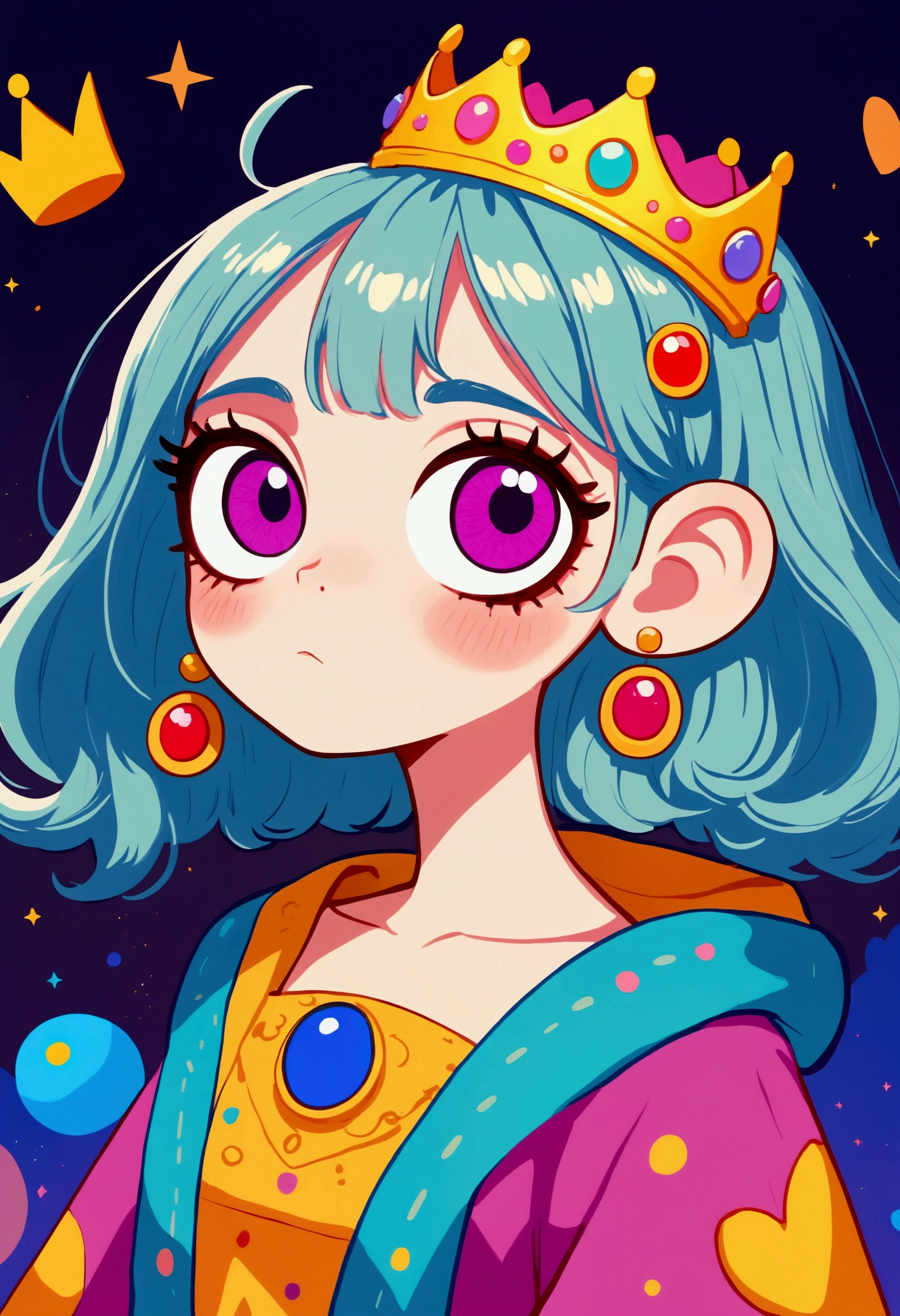 big eyes、cartoon girl with a crown on her head, rich and colorful illustration, cute cartoon, Lovely art style, rich and colorful! role conception, Hand drawn cartoon art style, Lofi art style, rich and colorfull illustration, Fantasy psychedelic anime, Retro anime girl, The art of math. rich and colorful comic, 2D Illustration