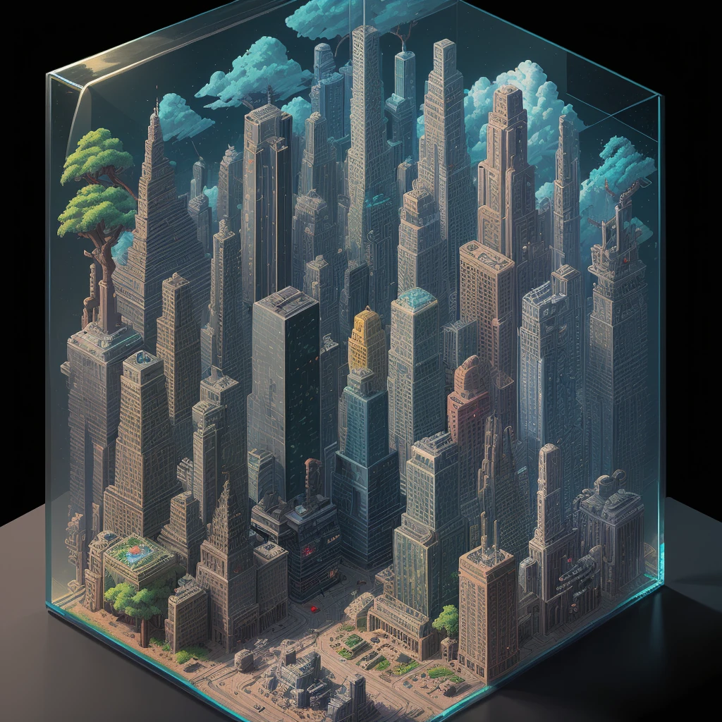 Iso-Pixel, trees, clouds, sci-fi city, vehicles, inside glass box