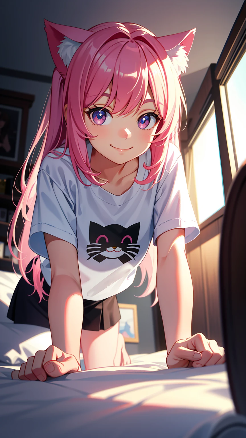 From below, 1 girl, pov, perspective, Depth of Field, (Closest Face:1.3), Two Side Up, (Teasing smile:1.3), on bed, On all fours, Looking down, masterpiece, top quality, super detail, wallpaper, break, , cat ears, pink hair, big eyes, long eyelashes, break, white t-shirt, white panties, break, background, plush bed, break,