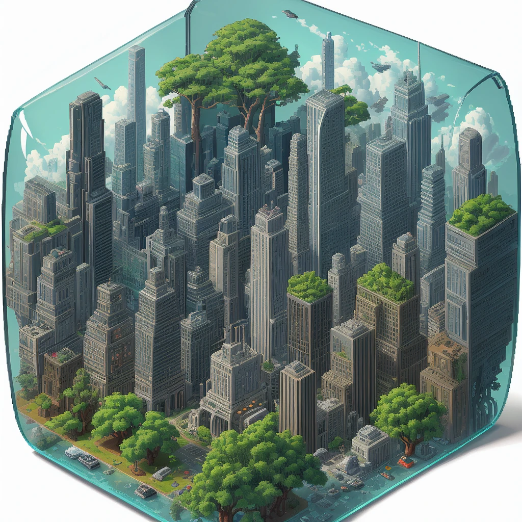 Iso-Pixel, trees, clouds, sci-fi city, vehicles, inside glass box