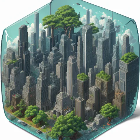 iso-pixel, trees, clouds, sci-fi city, vehicles, inside glass box