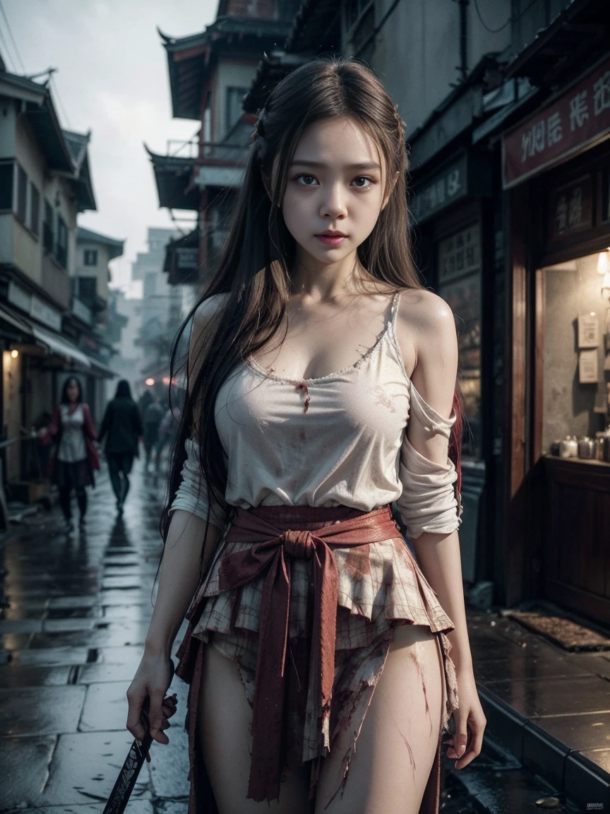 Chinese Hanfu dress wearing white clothes holding a sword. Chinese Hanfu dress in white clothes, Bloody.,  under a small t-shirt, Blood dripped down, Zombies chasing her, Zombies running after her, ใบหน้าBloody., เลือดบนclothesของเธอ, ตัวเล็กในชุดเสื้อสีขาวBloody., clothesBloody., Torn and dirty mini skirt, กระโปรงสั้นBloody., Blood on her bodyBloody., Blood dripped down, Zombies chasing her, Zombies running after her, ใบหน้าBloody., เลือดบนclothesของเธอ, Blood on her body, arafed ผู้หญิงจีน posing for a picture, beautiful chinese woman, Korean girl, Beautiful Chinese girl, Chinese women, Chinese female fashion model, Look sexy, small breast, long hair, sexy pose, Show your breasts. dark background, dark and rainy street the blurred nighttime, Blurred road in the background, nighttime, dark nighttime, City in Dogs, Dog Road, Rubble, smoke, destructionCity in Dogs, Dog Road, Rubble, smoke, destruction, rainy nighttime, shadow, dark alley, dawn, คติZombies, นักฆ่าZombies, Zombies, Not dead, Crowd of Zombies, monster, Film style: Local evil. (perfect skin, No blemishes or blemishes). ((best quality, 8ก, Masterpiece: 1.3)), Point of interest: 1.2, perfect shape beautiful woman: 1.4, perfect breasts: 1.2, ((Layered haircut, Beautiful breasts: 1.2)), (real clothes textures: 1.1), (A calm gesture holding a sword), clothes: 1.1, Highly detailed facial and skin textures, Detailed eyes, Double eyelids, Bright skin, I'm real., “Imagine a character that radiates an aura of mystery and intrigue.. Her skin looks so realistic that every texture and shade stands out from the image., สะท้อนแสงและshadowได้อย่างลงตัว. The skin should show a subtle color., from the warm tones of natural blush to the cool shadow under the eyes, Captures the intricate and beautiful details of human skin in full detail.. (Dark style with horror, Zombie Apocalypse style movie effects).