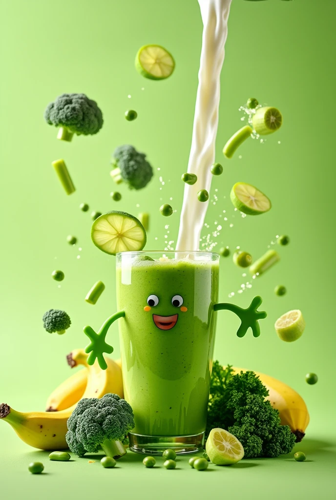 Highest quality, masterpiece, Ultra-high resolution, (Reality: 1.5), Original photo, Green smoothie in a large glass、Image of smoothie ingredients falling down、Broccoli is falling、Falling peas、Cut bananas falling、Kale dances、Komatsuna is dancing、celery is falling、Mr.々Smoothie surrounded by fresh vegetables、Overall bright and colorful atmosphere、Light green background、Studio photo taken on a light green background、Strong sizzle