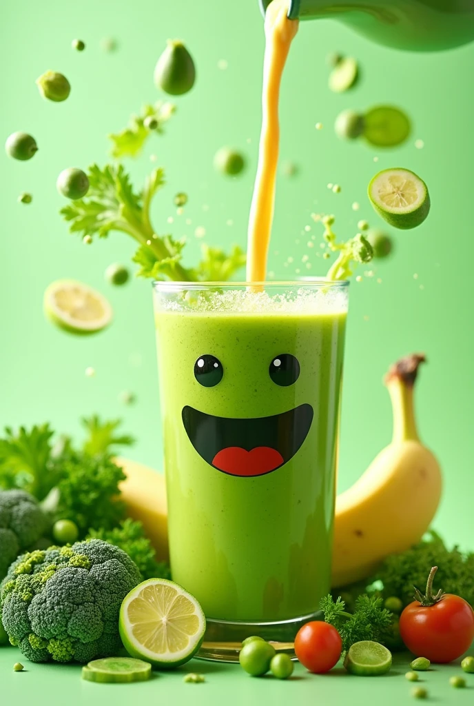 Highest quality, masterpiece, Ultra-high resolution, (Reality: 1.5), Original photo, Green smoothie in a large glass、Image of smoothie ingredients falling down、Broccoli is falling、Falling peas、Cut bananas falling、Kale dances、Komatsuna is dancing、celery is falling、Mr.々Smoothie surrounded by fresh vegetables、Overall bright and colorful atmosphere、Light green background、Studio photo taken on a light green background、Strong sizzle