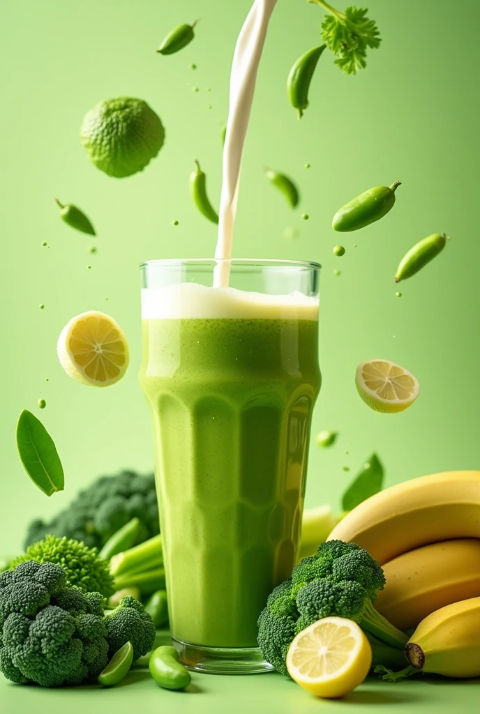 Highest quality, masterpiece, Ultra-high resolution, (Reality: 1.5), Original photo, Green smoothie in a large glass、Image of smoothie ingredients falling down、Broccoli is falling、Falling peas、Cut bananas falling、Kale dances、Komatsuna is dancing、celery is falling、Mr.々Smoothie surrounded by fresh vegetables、Overall bright and colorful atmosphere、Light green background、Studio photo taken on a light green background、Strong sizzle