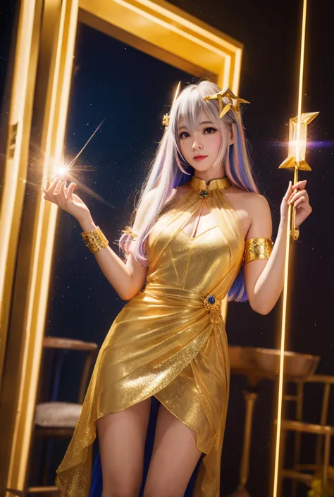 the goddess of thunder appeared with a clap of thunder、ramu、golden sheer dress、glitter effect with a cane in hand, dutch angle,