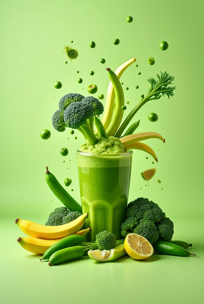 Highest quality, masterpiece, Ultra-high resolution, (Reality: 1.5), Original photo, Green smoothie in a large glass、Image of smoothie ingredients falling down、Broccoli is falling、Falling peas、Cut bananas falling、Kale dances、Komatsuna is dancing、celery is falling、Mr.々Smoothie surrounded by fresh vegetables、Overall bright and colorful atmosphere、Light green background、Studio photo taken on a light green background、Strong sizzle