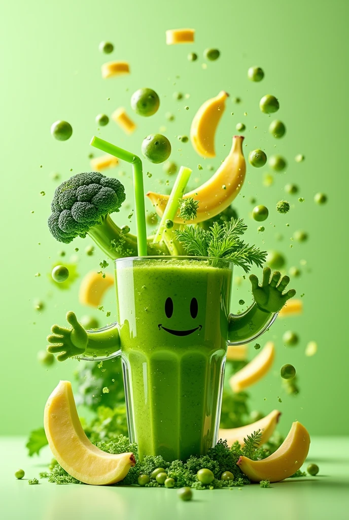 Highest quality, masterpiece, Ultra-high resolution, (Reality: 1.5), Original photo, Green smoothie in a large glass、Image of smoothie ingredients falling down、Broccoli is falling、Falling peas、Cut bananas falling、Kale dances、Komatsuna is dancing、celery is falling、Mr.々Smoothie surrounded by fresh vegetables、Overall bright and colorful atmosphere、Light green background、Studio photo taken on a light green background、Strong sizzle