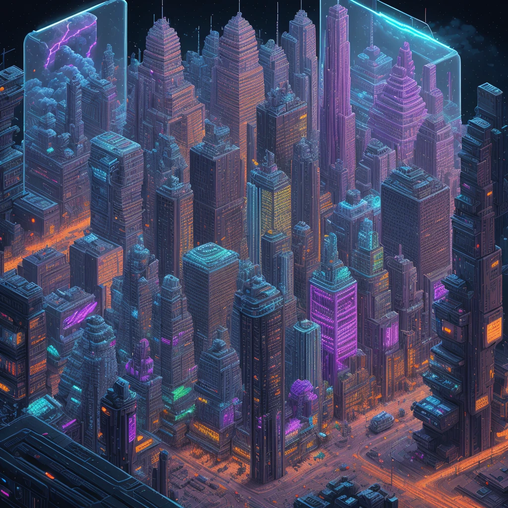 Iso-Pixel, trees, clouds, sci-fi city, cyberfunk city, cyberfunk style, colorful lightning, vehicles, inside glass box