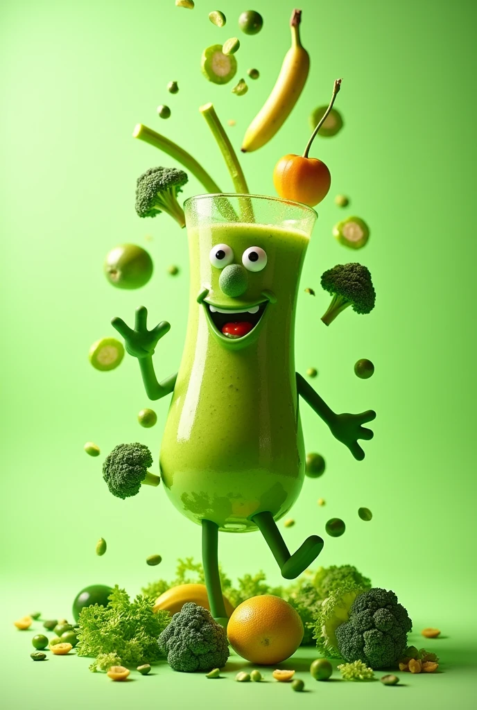 Highest quality, masterpiece, Ultra-high resolution, (Reality: 1.5), Original photo, Green smoothie in a large glass、Image of smoothie ingredients falling down、Broccoli is falling、Falling peas、Cut bananas falling、Kale dances、Komatsuna is dancing、celery is falling、Mr.々Smoothie surrounded by fresh vegetables、Overall bright and colorful atmosphere、Light green background、Studio photo taken on a light green background、Strong sizzle