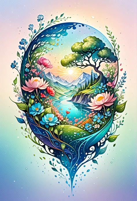 (illustration:1.3) beautiful planet earth with flowers and plants sprouting spring day (by artist anna dittman:1), (((masterpiec...