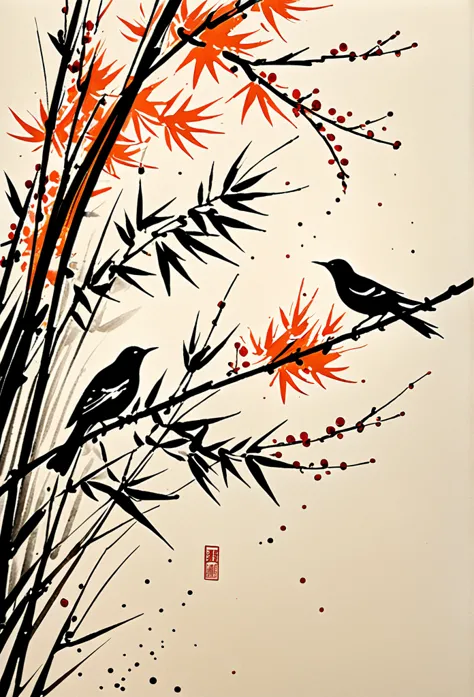 shukezouma, shuimobysim, ((starling)), willow branches, (masterpiece, best quality: 1.2), ((traditional chinese ink painting)), ...