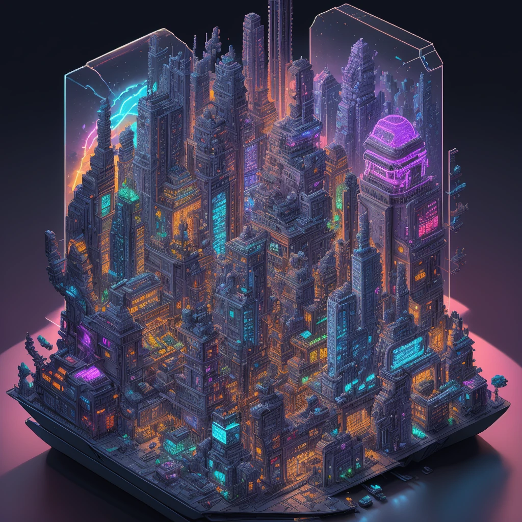 Iso-Pixel, trees, flying car, train, clouds, sci-fi city, cyberfunk city, cyberfunk style, colorful lighting, vehicles, inside glass box