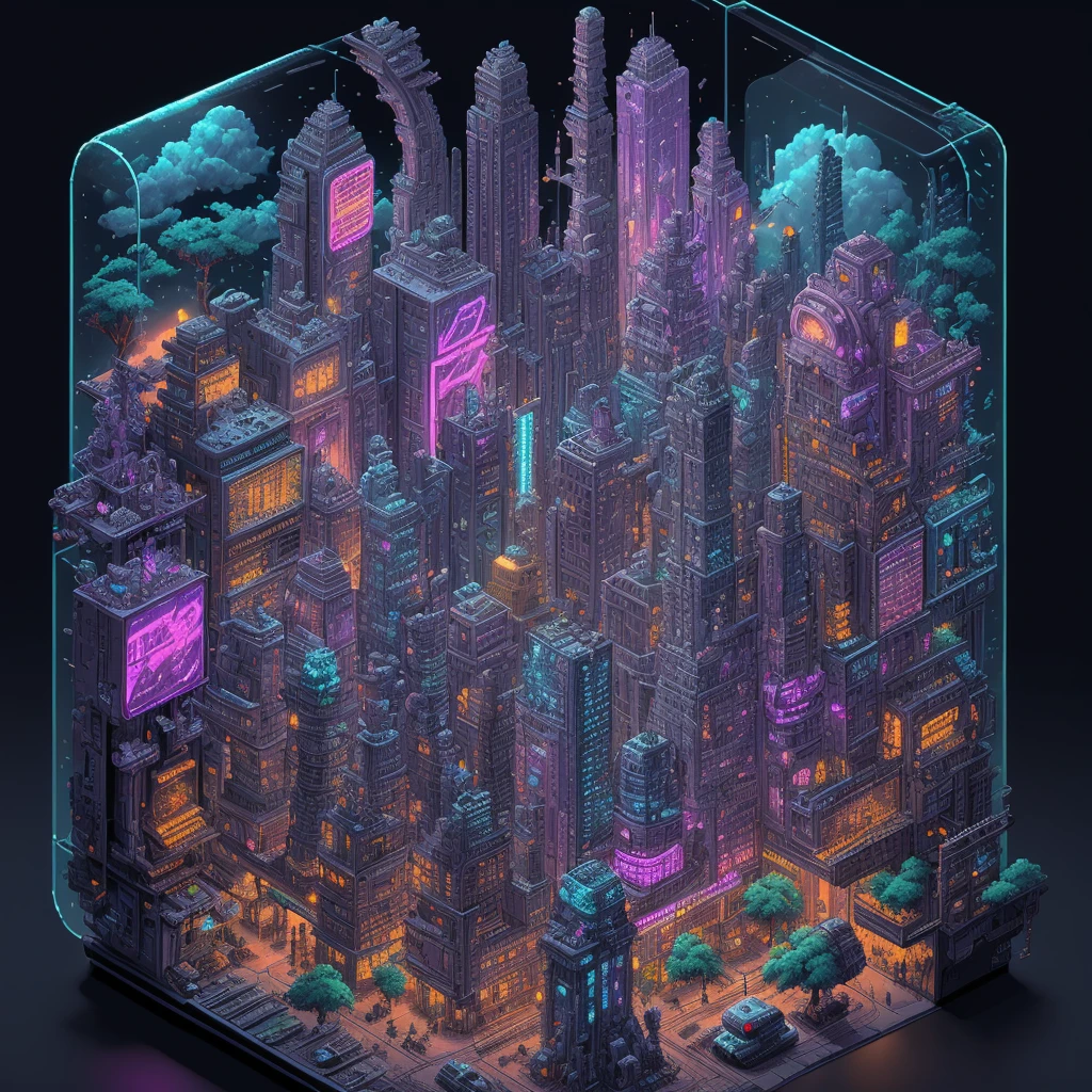 Iso-Pixel, trees, flying car, train, clouds, sci-fi city, cyberfunk city, cyberfunk style, colorful lighting, vehicles, inside glass box