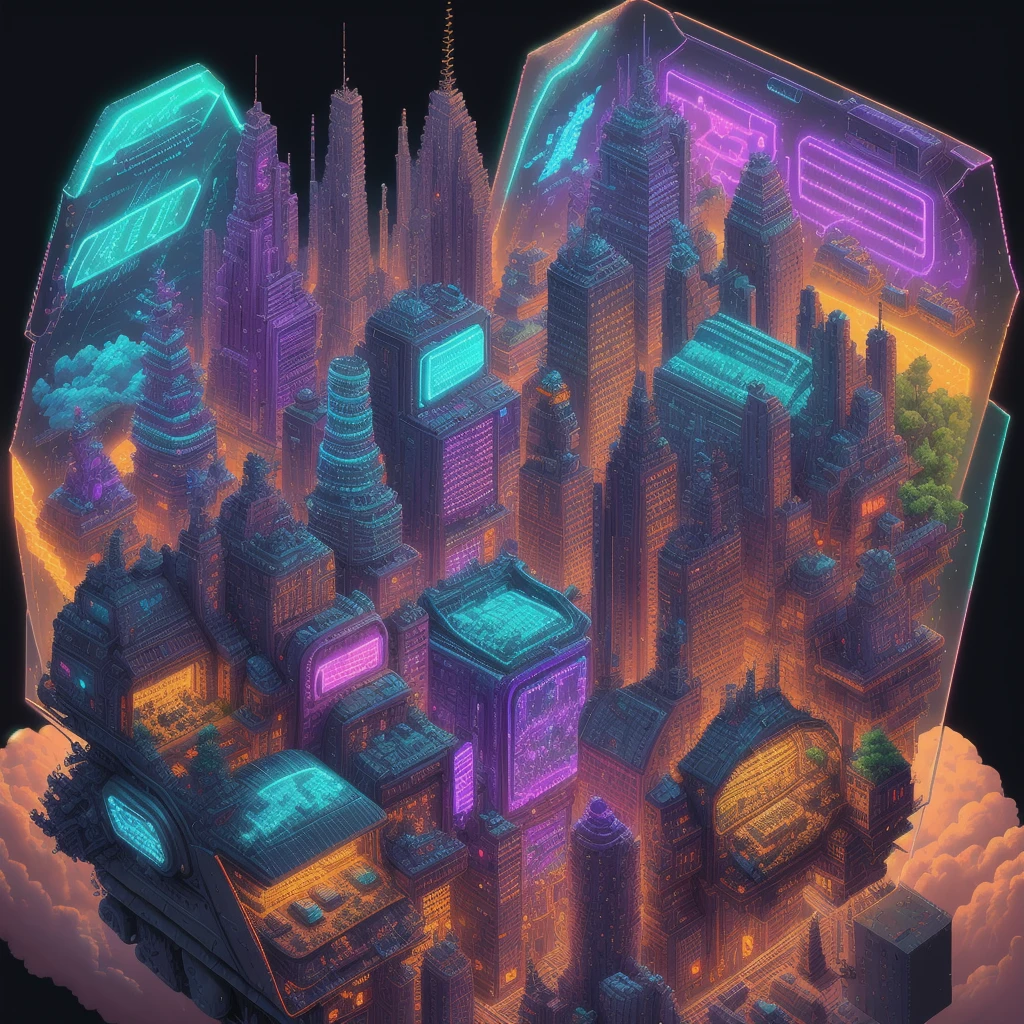 Iso-Pixel, trees, flying car, train, clouds, sci-fi city, cyberfunk city, cyberfunk style, colorful lighting, vehicles, inside glass box