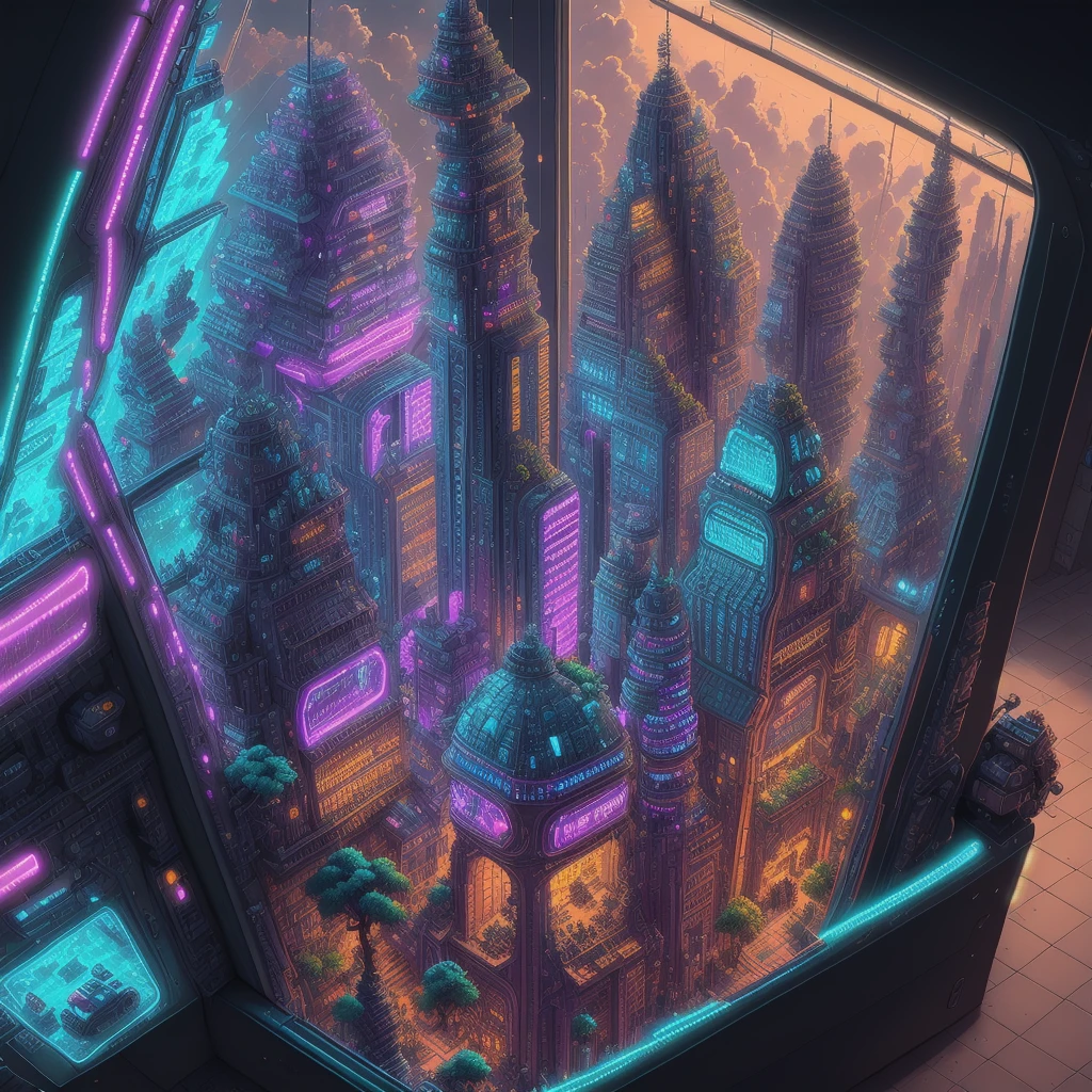 Iso-Pixel, trees, flying car, train, clouds, sci-fi city, cyberfunk city, cyberfunk style, colorful lighting, vehicles, inside glass box