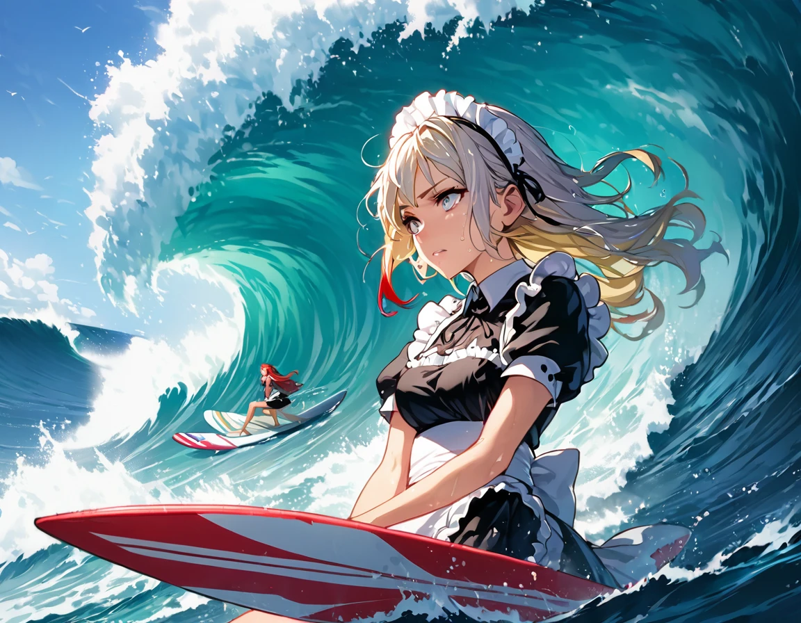 ((highest quality)), ((masterpiece)), (be familiar with), perfect face, Maid outfit, maid, Maid Apron, Surfing while wearing a maid outfit, Surfboards, mid-length funboards, big waves, Tube Waves, Tube Riding, Green Room, Hawaii, North Shore, multicolored hair, blonde hair, silver hair, red hair, sidelocks, crystal hair, wet hair, maid headdress