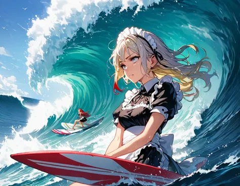 ((highest quality)), ((masterpiece)), (be familiar with), perfect face, maid outfit, maid, maid apron, surfing while wearing a m...