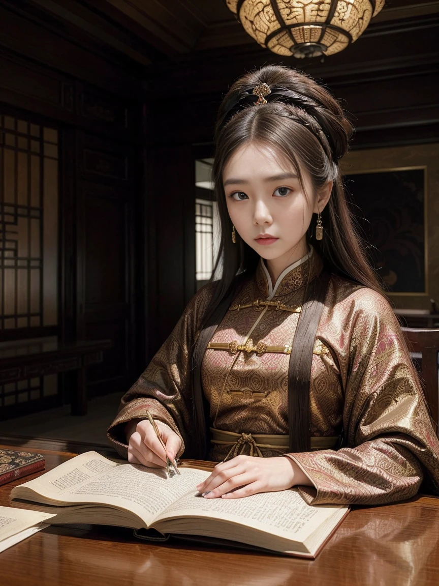 A beautiful young woman with a fierce expression, dressed in the dark brown dress of a Han Fu Dynasty official, stood holding a book in front of the emperor who was sitting at a table in the study. The room was decorated with luxurious patterns in the style of the great dynasty.