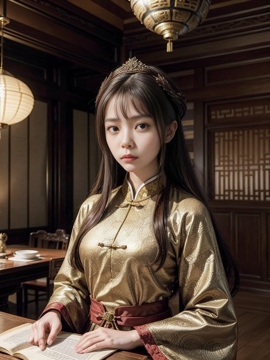 A beautiful young woman with a fierce expression, dressed in the dark brown dress of a Han Fu Dynasty official, stood holding a book in front of the emperor who was sitting at a table in the study. The room was decorated with luxurious patterns in the style of the great dynasty.