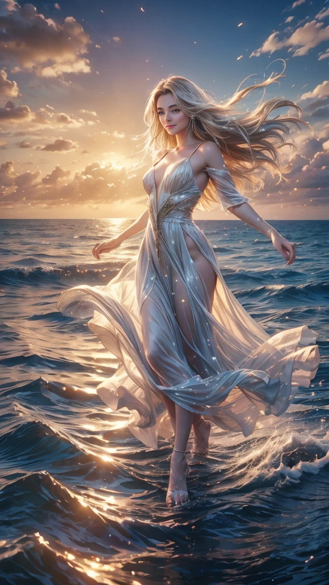 (best quality,4k,8k,highres,masterpiece:1.2),ultra-detailed,(realistic,photorealistic,photo-realistic:1.1),portraits,colorful,soft lighting,dreamy,flowing dress, smiling, (a girl Dancing on the Sea Surface), Dancing, full body, water reflections,emotion,graceful movement,endless horizon, serene atmosphere,gentle waves,blissful expression,wind-blown hair,seamless integration of elements,smooth and flawless skin,sparkling eyes,fantastical setting,aesthetic elegance,poetic symmetry, By the beach