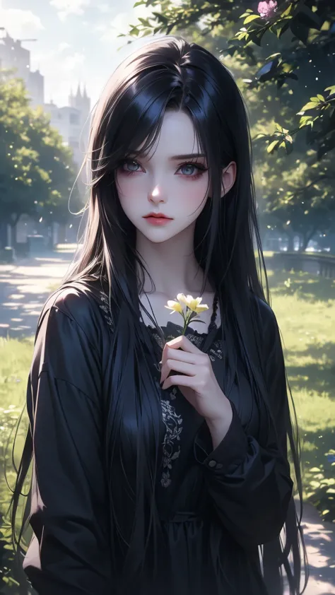 a cute emo girl, walking in a park, long hair, dark makeup, black clothes, holding a flower, detailed face, detailed eyes, beaut...