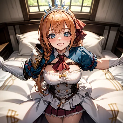 high quality,(lie on your back on the bed), outstretched arms, aapeco, very long hair, ahoge, braid, tiara, hair ribbon, red asc...