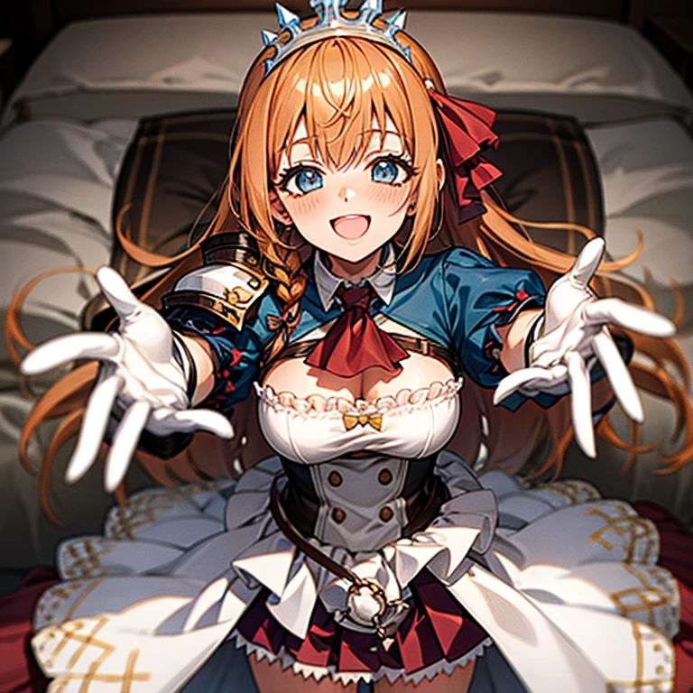 high quality,(Lie on your back on the bed), outstretched arms, aapeco, very long hair, ahoge, braid, tiara, hair ribbon, red ascot, cleavage, shrug (clothing), shoulder armor, white dress, short sleeves, white gloves, pleated skirt, red skirt, A seductive smile, Shot from directly above,Brown Hair, Blushing, smile, Big Breasts,detailed face