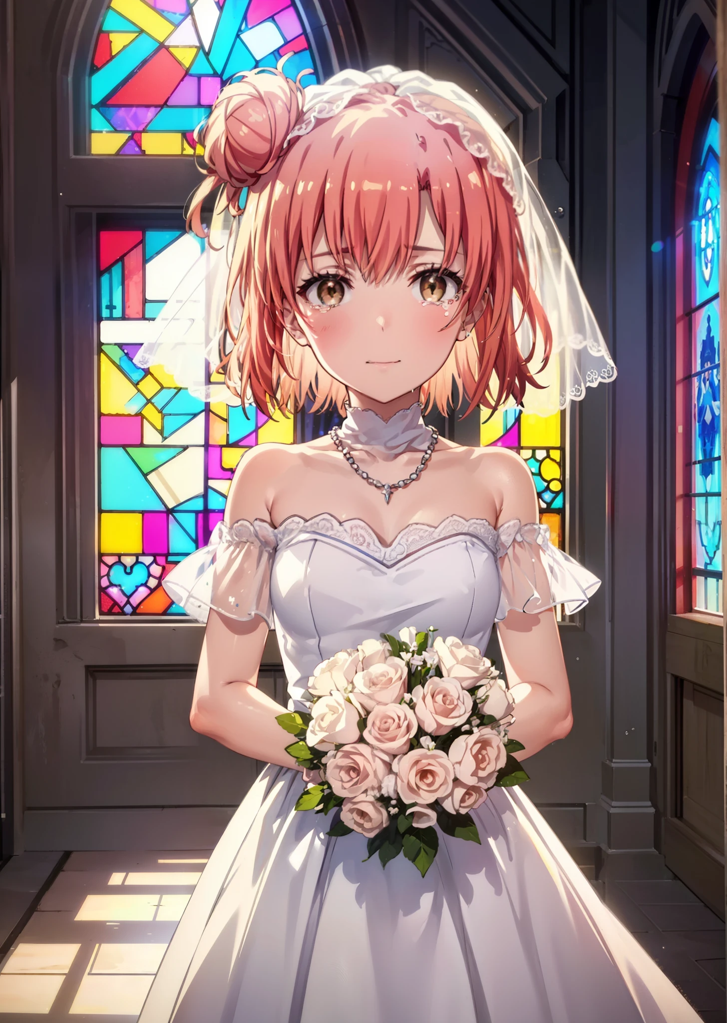 yuiyuigahama, yui yuigahama, Long Hair, (Brown eyes:1.5), (Pink Hair:1.2), Hair Bun, single Hair Bun, Tears stream down her face,Tears of joy,I cry a lot,smile,smile,blush,Open your mouth,Off-the-shoulder white wedding dress,necklace,Expose your shoulders,bare clavicle,Bare neck,wedding long skirt,Veil,bouquet,Holding a bouquet in both hands,Stained glass,whole bodyがイラストに入る,　　　　　　　　　　　break indoors, Chapel,Association,
break looking at viewer, whole body,(Cowboy Shot:1.5),
break (masterpiece:1.2), Highest quality, High resolution, unity 8k wallpaper, (shape:0.8), (Beautiful attention to detail:1.6), Highly detailed face, Perfect lighting, Highly detailed CG, (Perfect hands, Perfect Anatomy),