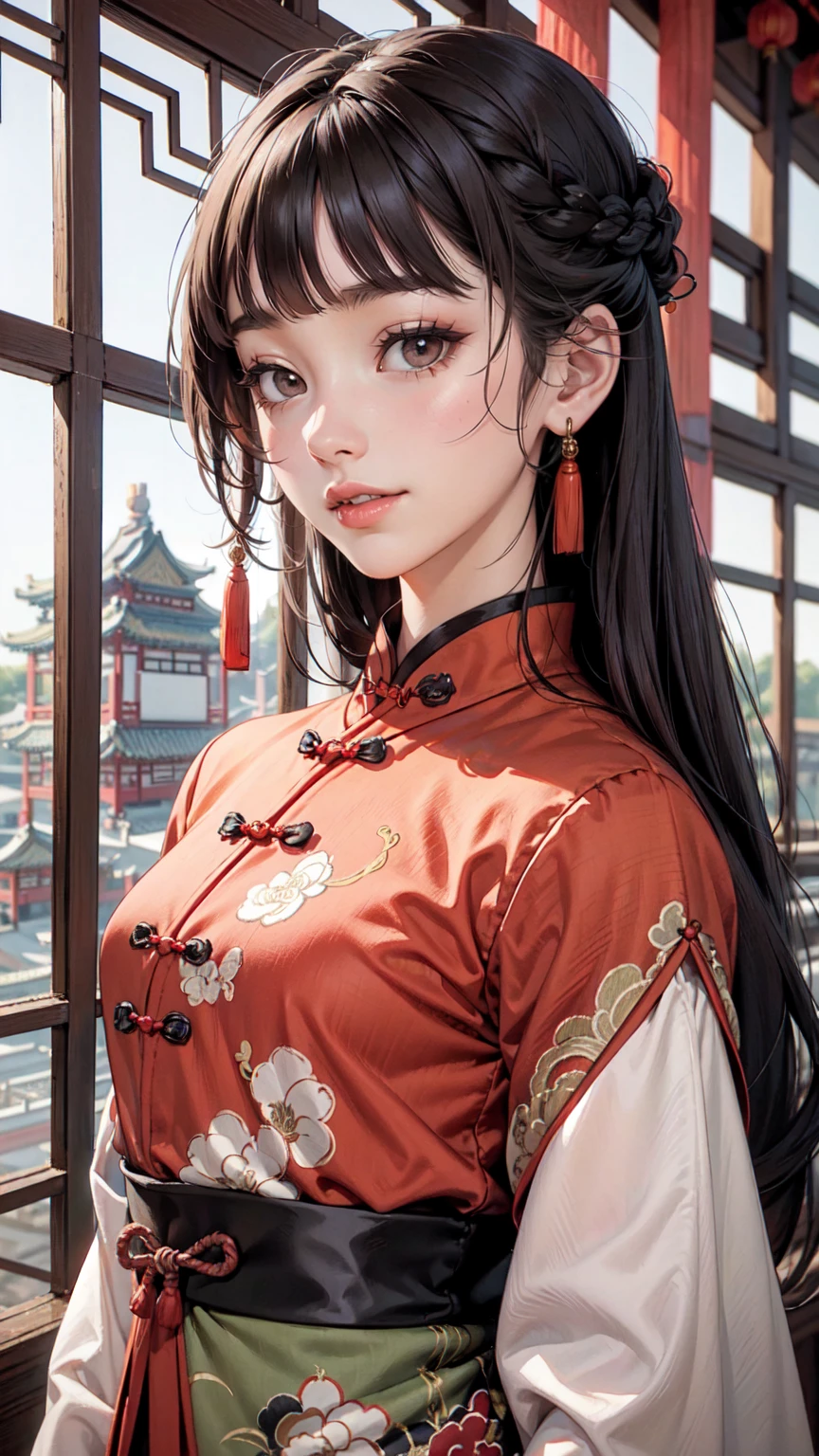 Realistic, masterpiece, Highest quality, Highest Resolution, Anatomically correct, Accurate Anatomy, 7 heads, Height: 165cm, One Japanese woman, profile, Staring at the audience, Smiling with an open mouth, Staring at the audience, Fine and beautiful eyes, Sparkling eyes, Thin eyebrows, Gives lashes a delicate finish, False eyelashes, (Chinese traditional makeup:1.2), (Dumpling＋Braided hair, Blunt bangs, Brown Hair:1.2), Detailed face, Sharp Eyes, (Traditional Chinese Dress, Clothes that fit snugly to the body, Random Color:1.3), Upper body photo, Background like ink painting