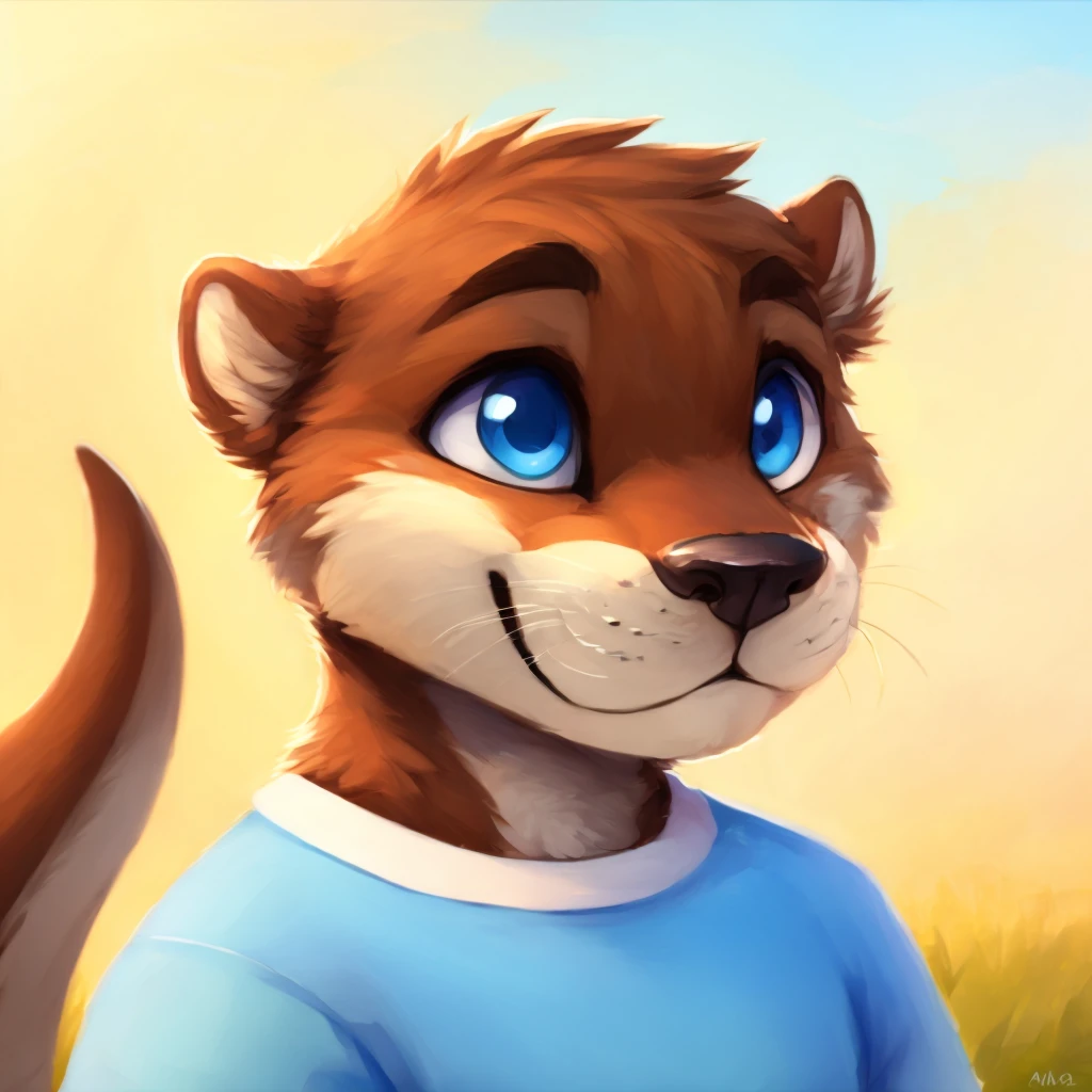 A close-up of an anthropomorphic and cute otter, happy, blue eyes, dressed with casual clothes, closed smile, bright blue sky background, high quality furry art.