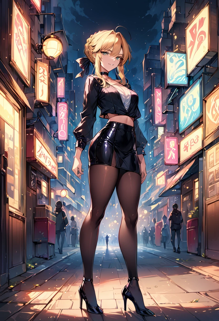 score_9, score_8_up, score_7_up, score_6_up, rating_safe, source_anime, BREAK beautiful Artoria Pendragon (blonde, braid, ribbon, hair ribbon:1.2), sexy smirk, BREAK tight leather skirt, wrap blouse, high heels, choker, BREAK walking in downtown Tokyo, neon lights, Extremely detailed Artgerm, Artgerm on ArtStation Pixiv, BREAK Epic light novel art cover, gorgeous female, trending on artstation pixiv, BREAK midnight, full moon, shallow depth of field, BREAK highly detailed, bokeh, moody, epic, gorgeous, grainy, BREAK (ultra-detailed), (best illustration), (best shadow), (absurdres), (detailed background), (very aesthetic), (rear view:1.3).