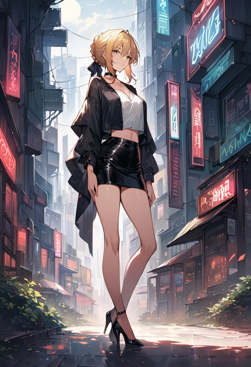 score_9, score_8_up, score_7_up, score_6_up, rating_safe, source_anime, BREAK beautiful Artoria Pendragon (blonde, braid, ribbon, hair ribbon:1.2), sexy smirk, BREAK tight leather skirt, wrap blouse, high heels, choker, BREAK walking in downtown Tokyo, neon lights, Extremely detailed Artgerm, Artgerm on ArtStation Pixiv, BREAK Epic light novel art cover, gorgeous female, trending on artstation pixiv, BREAK midnight, full moon, shallow depth of field, BREAK highly detailed, bokeh, moody, epic, gorgeous, grainy, BREAK (ultra-detailed), (best illustration), (best shadow), (absurdres), (detailed background), (very aesthetic), three quarter shot, (rear view:1.3).