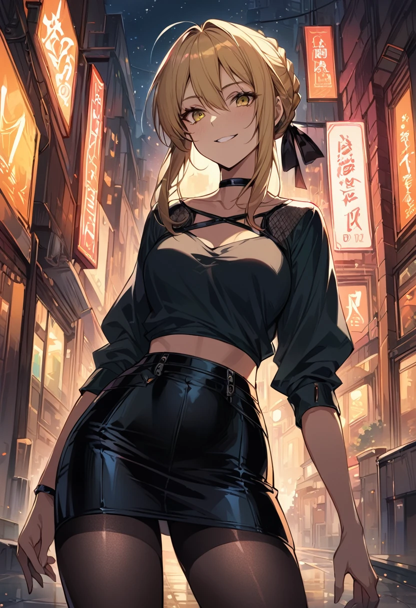 score_9, score_8_up, score_7_up, score_6_up, rating_safe, source_anime, BREAK beautiful Artoria Pendragon (blonde, braid, ribbon, hair ribbon:1.2), sexy smirk, BREAK tight leather skirt, wrap blouse, high heels, choker, BREAK walking in downtown Tokyo, neon lights, Extremely detailed Artgerm, Artgerm on ArtStation Pixiv, BREAK Epic light novel art cover, gorgeous female, trending on artstation pixiv, BREAK midnight, full moon, shallow depth of field, BREAK highly detailed, bokeh, moody, epic, gorgeous, grainy, BREAK (ultra-detailed), (best illustration), (best shadow), (absurdres), (detailed background), (very aesthetic), three quarter shot, (rear view:1.3).