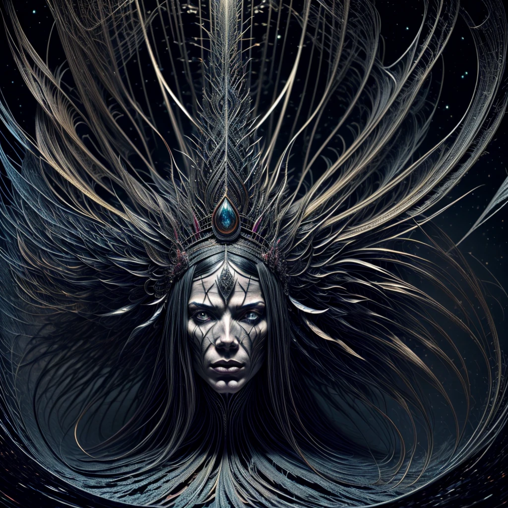 Low angle photograph of a female sorcerer in an ethereal and magical astral plane of existence, her long hair blowing in the windswept environment, she exhibits a magical aura. Her expression is one of despair and worry. Her clothing evoke a feel of wealth, however with simple handmade jewelry. (crown of thorns), Disturbing, unnerving, creepy, unsettling, color splashes, line art, Fibonacci, mandala, florals, (nebula and distant stars in background sky). Sublime rendering, extreme detailing, dynamic background, 32k maximalist, fantasy art, sharp lines, masterpiece