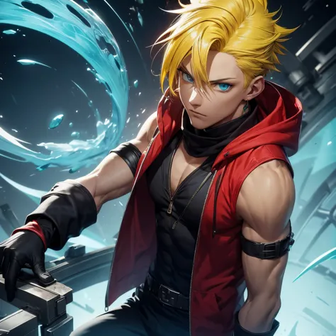 ((scientist)), ((male with yellow hair, aqua blue eyes)), red scarf, red hoodie vest, sleeveless, black pants, black gloves, sli...