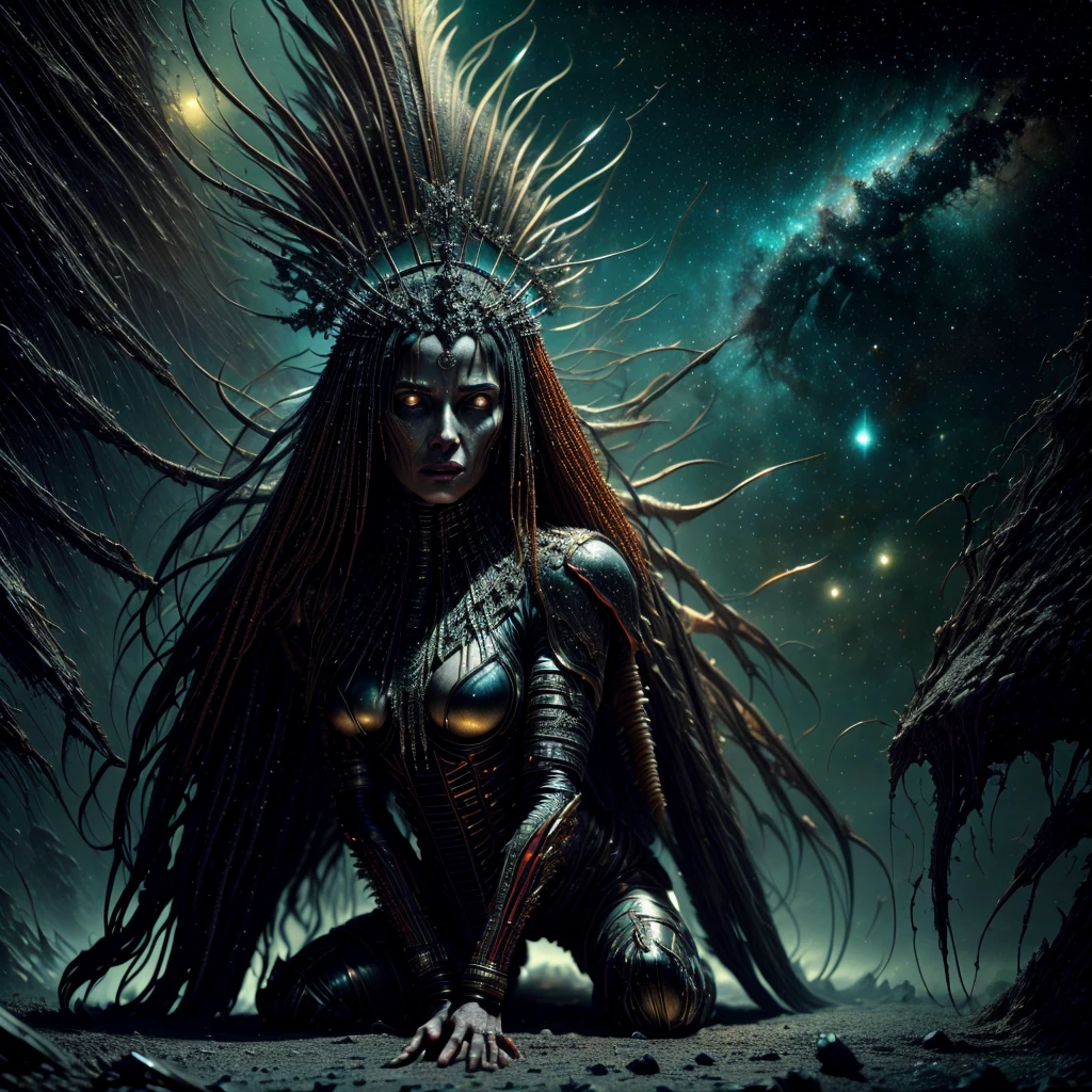 Low angle photograph of a woman kneeling on an arid and barren landscape, her long hair blowing in the windswept environment, she wears a crown of thorns and her hair exhibits a magical aura. Her expression is one of despair and worry. Her clothing evoke a feel of wealth, however with simple handmade jewelry. (crown of thorns), Disturbing, unnerving, creepy, unsettling, cloudy weather, (nebula and distant stars in background sky). Sublime rendering, extreme detailing, dynamic background, 32k maximalist, fantasy art, sharp lines, masterpiece