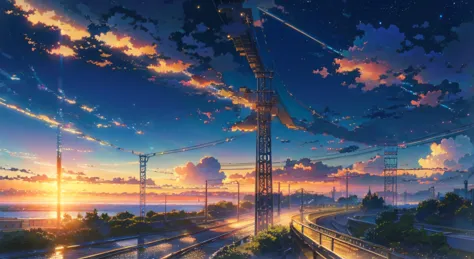 anime scene with train passing under blue sky, anime drawing by makoto shinkai, trending on pixiv, magic realism, beautiful anim...