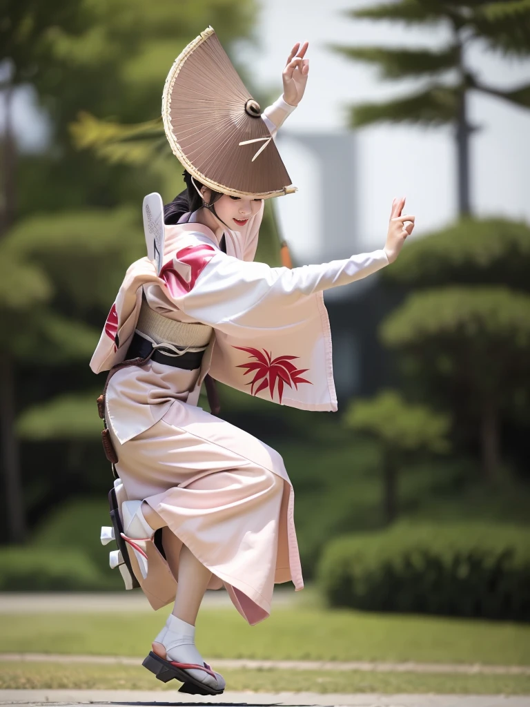 Photo-realistic quality、A woman wearing a pale pink kimono and a hat is dancing on the grass in the park,White sleeves、 traditional Japanese kimono, A professional masterpiece, Beautiful images, Japanese Model, Traditional Japanese Kimono Japanese Bon Odori,A soft and gentle look、Woman dancing Awa Odori、White Arms、Wearing black clogs