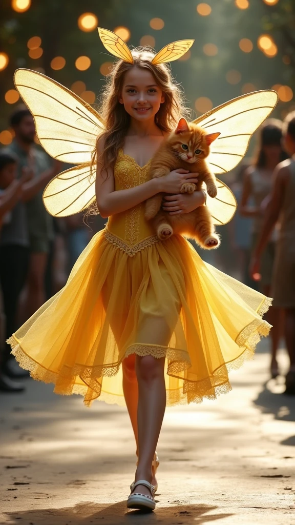 A  wearing a lacy yellow dress with shining fairy white wings, holding a fluffy orange cat. They walked on the catwalk, creating a festive and graceful scene. Her dress and wings give the impression that she is a fairy from a fairytale world, ready to bring joy and magic.