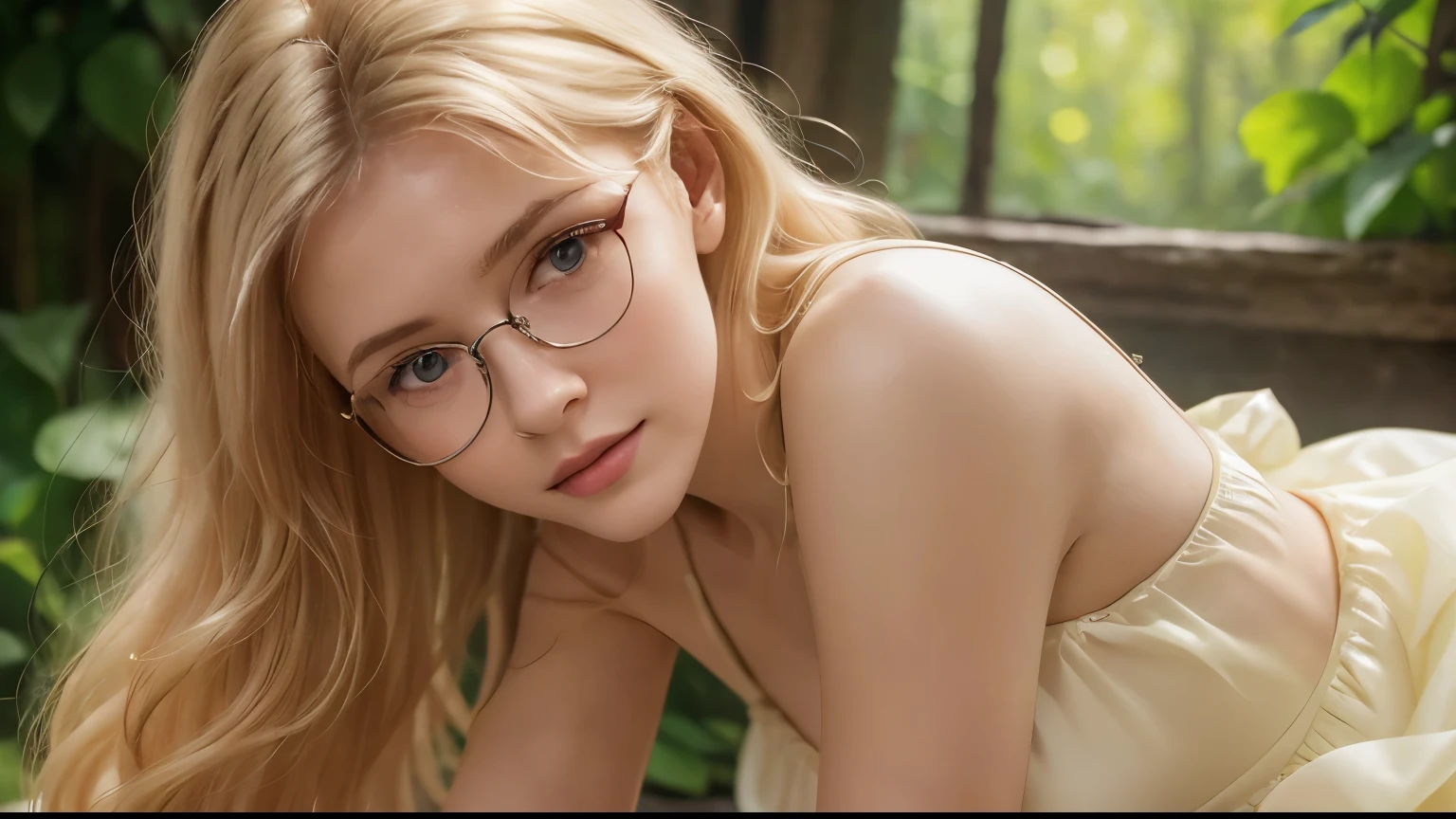 Masterpiece, a beautiful 30 year old Ukrainian woman, glasses, long wavy strawberry-blonde hair, delicate face, prominent cheekbones, delicate features, thick strong body, pale skin, legs, ultra-short light transparent sundress, HD, (detailed skin texture:1.1), best quality, ultra high res, (photorealistic: 1.4), Raw photo, by Ellen von Unwerth, D850 Film Stock Photography, F1.6 Lens, Rich Colors, Realistic, Cinestill 800, backlight, rimlighting, sunlight, looking at the viewer