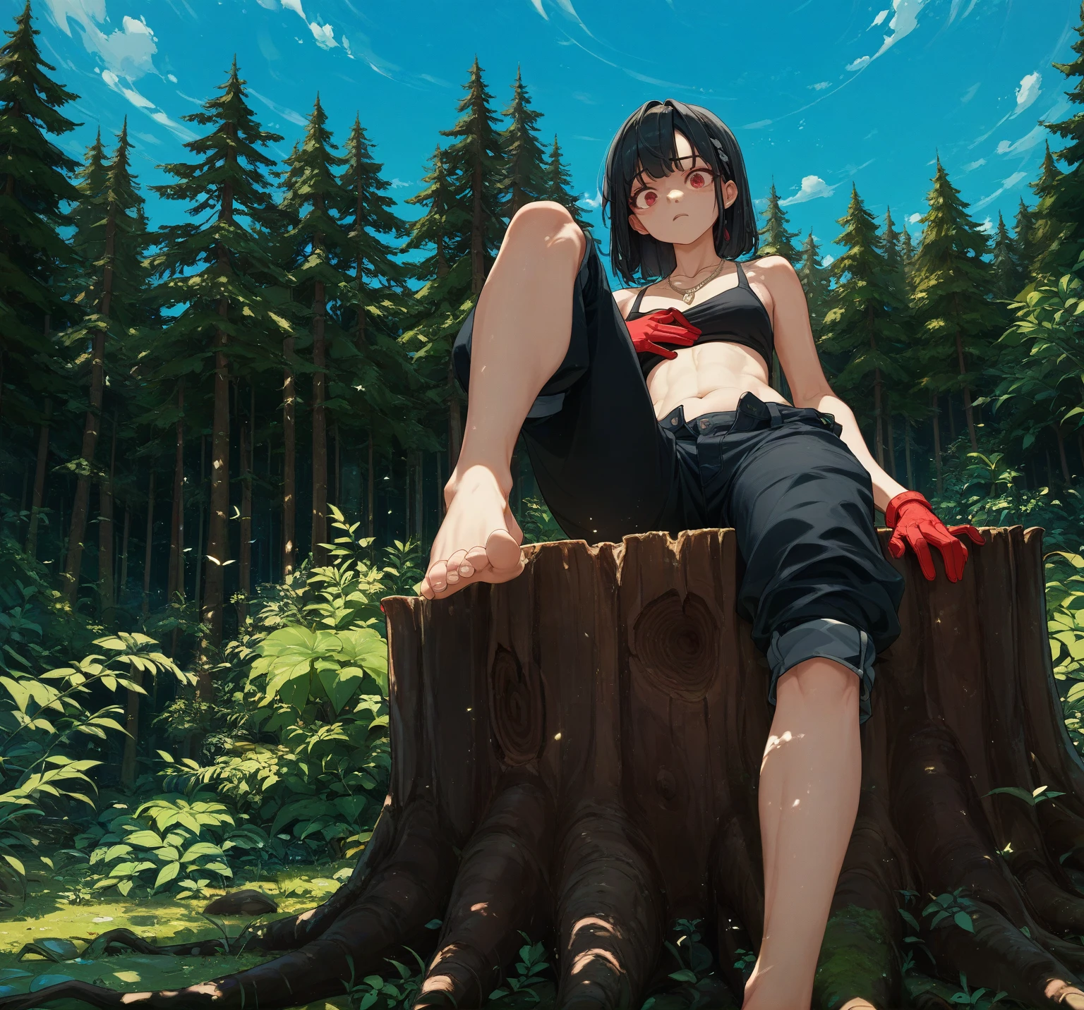 Female 1、Black Hair、Red eyes、looking at the camera、necklace、Red gloves、Black trousers、barefoot、Sitting on a stump、Belly button、Looking down on、blue sky、Forest