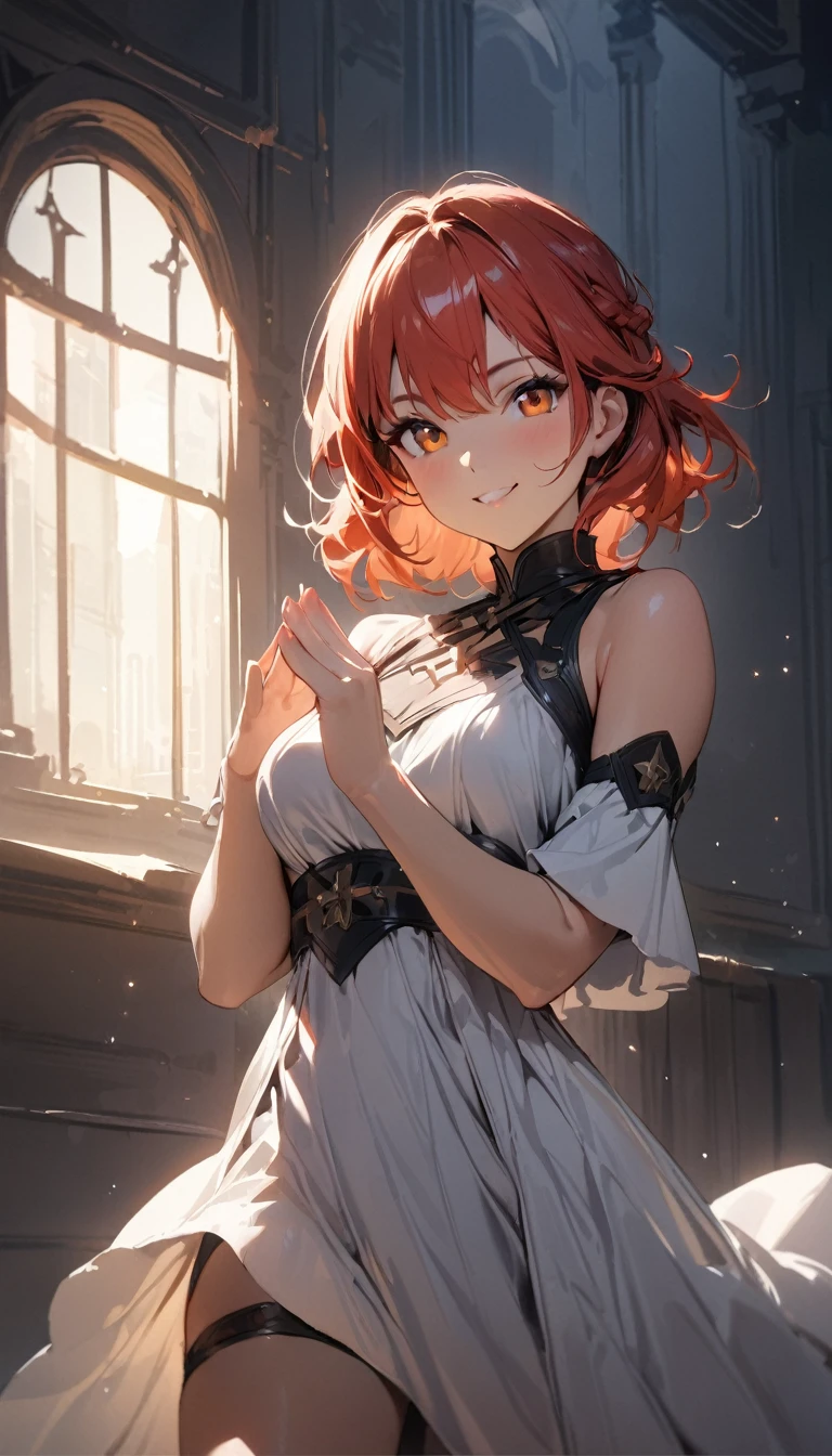 ((masterpiece)),((best quality)),high resolution,Perfect lighting,dusty(future), A woman, Chest, Solitary, Orange Eyes, View your audience, Show your shoulders,White Dress,大きなChest, Red hair, Striped hair, White hair, Charming smile, Jump up, Cowboy shooting, Fingers crossed,