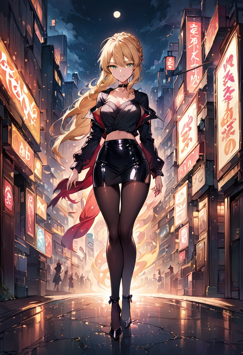 score_9, score_8_up, score_7_up, score_6_up, rating_safe, source_anime, BREAK beautiful Artoria Pendragon (blonde, braid, ribbon, hair ribbon:1.2), sexy smirk, BREAK tight leather skirt, wrap blouse, high heels, choker, BREAK walking in downtown Tokyo, neon lights, Extremely detailed Artgerm, Artgerm on ArtStation Pixiv, BREAK Epic light novel art cover, gorgeous female, trending on artstation pixiv, BREAK midnight, full moon, shallow depth of field, BREAK highly detailed, bokeh, moody, epic, gorgeous, grainy, BREAK (ultra-detailed), (best illustration), (best shadow), (absurdres), (detailed background), (very aesthetic), three quarter shot, (rear view:1.5).