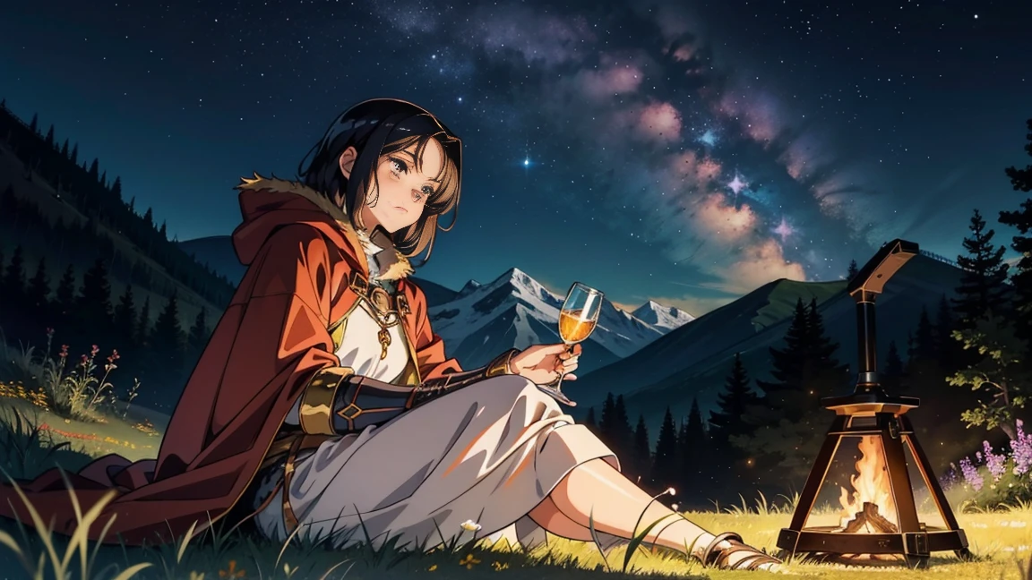 A 16:9 anime-style illustration depicting a female adventurer resting by a campfire on a hill. She is dressed in fantasy attire, including a cloak and light armor. She is sitting by the fire, holding a drink and enjoying a moment of relaxation. The night sky is filled with stars, and the glow of the fire illuminates her face. The hill is covered in grass and wildflowers, and there are distant mountains in the background. The atmosphere is peaceful and serene.